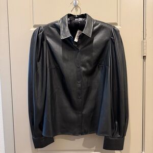 Express Black Faux Leather Puff-Sleeve Button-Front Jacket